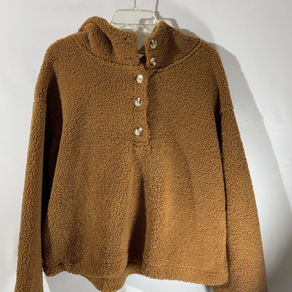 Camel Teddy Hoodie Two Pocket Sweater Womens Size Large Sherpa Jacket - Picture 1 of 7